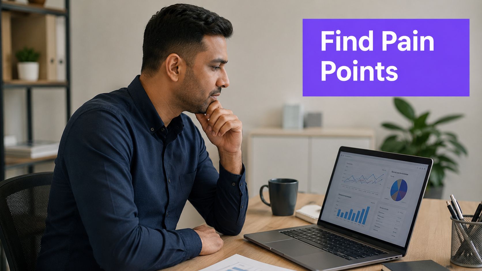 A professional man sitting at a wooden desk analyzing business charts on his laptop screen intently.